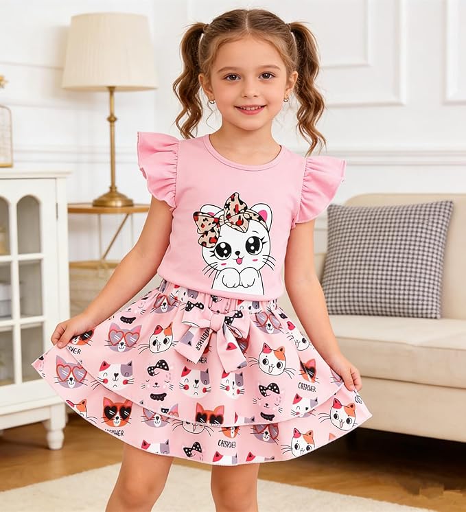 Girls Skirt Set 2 Piece Outfit Toddler Summer Clothes Ruffle Sleeve T-Shirt Bow Knot Tutu Skirt Outfit Set