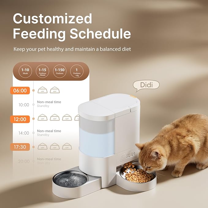 Automatic Cat Feeder and Water, 5G WiFi App Control Cat Food Dispenser, 4L Timed Pet Feeder and 3L Gravity Waterer, Voice Recording, Up to 10 Meal Daily with Dual Stainless Steel Bowl for Kitten,Puppy