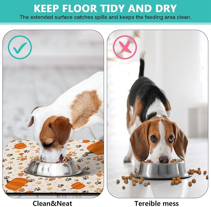 Fall Pumpkin Dog Food & Water Mat, Paw Prints Autumn Pet Feeding Mat for Floor Non-Slip Waterproof, Super Absorbent Cat Bowl Mat, Easy to Clean Eco-Friendly Durable Pet Placemat,24" × 32"