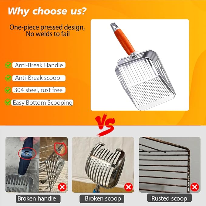 Rustproof & Unbreakable 304 Stainless Steel Metal Cat Litter Scoop with Holder Stand, One-Piece Pressed Design with No Welds, Easy Bottom Scooping, Reinforced Anti-Break Handle