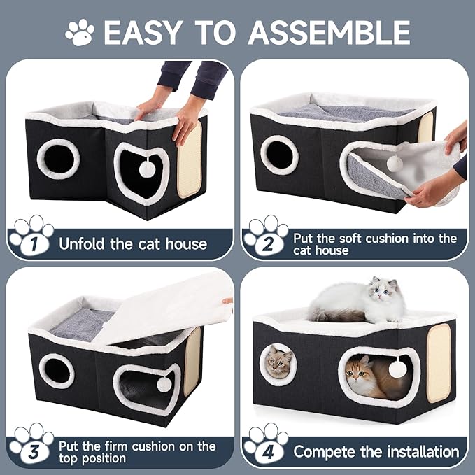 Cat Beds for Indoor Cats, Extra Wide Cat Cube House for Multi Cats, Foldable Cat Cave Hideaway with Arc-Edge Design & Oval Door, Double-Side Soft Cushion for All Seasons, 24"L x 17.7"D x 12.6"H, Black