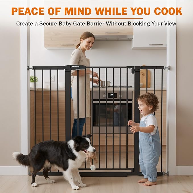 Mumeasy 36" Extra Tall Baby Gate for Stairs, 29.7-51" Wide Dog Gates Indoor for Doorways with Easy Walk Thru, Auto Close Pet Safety Gate for House, Pressure Mounted Metal Child Gate with Door, Black