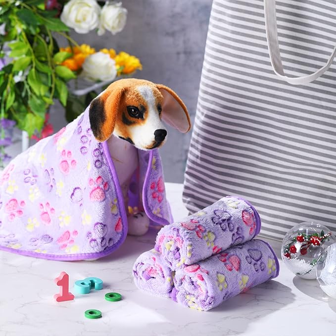Tatuo 4 Pcs Dog Blanket for Pet Puppy Teething Toys Paw Print Fleece Blanket for Pet Cat Soft Warm Sleep Mat Guinea Pig Cage Mat(Small(24 x 16 Inch),Purple)