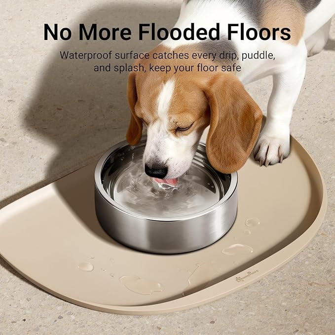 DownyPaws Dog Food Mats for Floors Waterproof, BPA Free Silicone Dog Bowl Mat, Non-Slip Pet Feeding Mat with High Raised Edge, Cat Placemat for Messy Drinkers, 24"×17", Almond