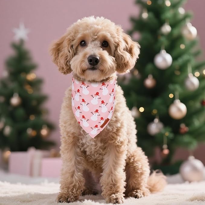 ADOGGYGO Pink Christmas Dog Bandanas 2 Pack, Reversible Santa Snowman Xmas Scarf Bib, Adjustable Fit Pink Christmas Bandana for Small Dogs Girl (Small)