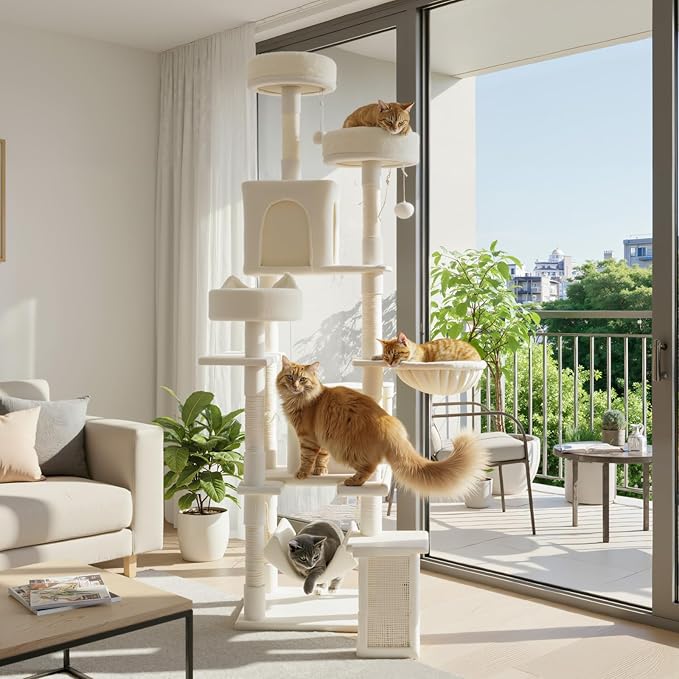 Sweetcrispy Cat Tree 75 Inch, Large Multi-Level Tall Cat Tree Tower with Condo, Perches, Sisal Scratching Posts Board and Hammock, Pet Play House with Dangling Balls for Indoor Cats, Beige