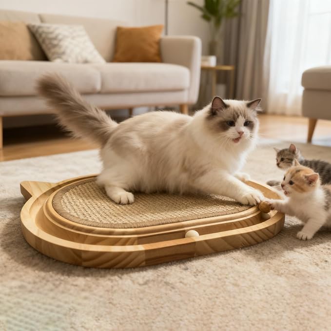 Wooden Interactive Cat Scratcher Toy with Ball Track, Sisal Scratch Pad for Indoor Cats, Kitten Toys for Chasing Hunting Mental Physical Exercise(17.4in*12.99in)