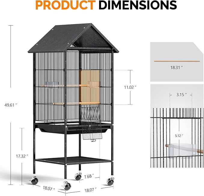 VINGLI Bird Cage with Rolling Stand for Parrots, Cockatiels, Budgies, Lovebirds, Small/Medium Birds (50" H with Spire Roof)