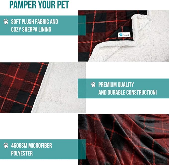 PetAmi Dog Blanket for Bed, XL Pet Blanket Large Dogs, Fleece Furniture Couch Cover Protector Sofa Car Crate Kennel, Soft Sherpa Cat Throw Plush Reversible Washable, Twin 60x80 Plaid Red