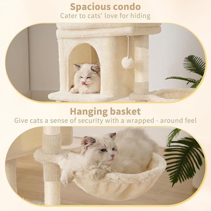 Heybly Cat Tree Tower, Cat condo for Indoor Kittens, Cat House with Wide Plush Top Perch, Ladder, Basket, Sisal-Covered Scratching Posts, Cozy Activity Center for pet, Beige HCT009SM
