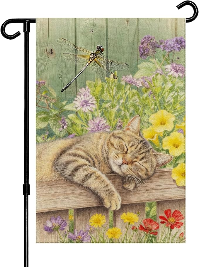 Sleeping Cat Garden Flag Double Sided Home Decorative, Spring Summer Garden Flag Lawn Yard House Outdoor Decor 12 x 18 inch