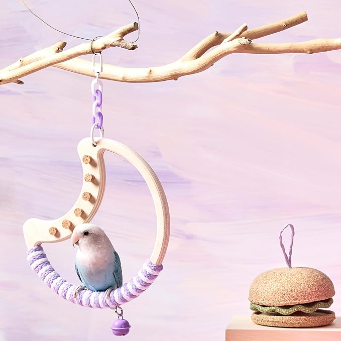 Natural Bird Swing - Tree-Shaped Parrot Perch with Bell and Cork Toys, Spinning Wooden Stand for Parakeets, Budgies, Lovebirds and Small/Medium Birds (White + Green)