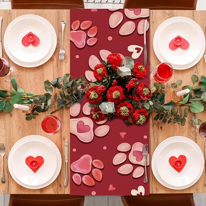 Valentines Day Dog Cat Paw Prints Table Runner, Red Love Hearts Kitchen Dining Table Decoration Pet Lover Gift, Anniversary Wedding Burlap Indoor Outdoor Home Decor Party Supply 13 x 108 Inches