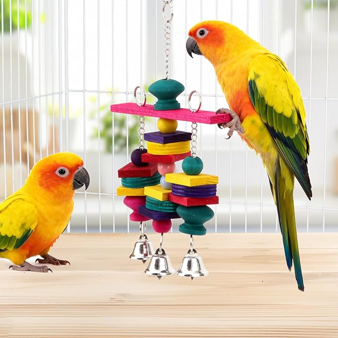 Hypeety Parrot Hanging Swing Bells Chew Toy Colorful Hanging Wood Block Natural Birds Toy for Parrot Macaw African Greys Cockatiels Budgies Conure Cage