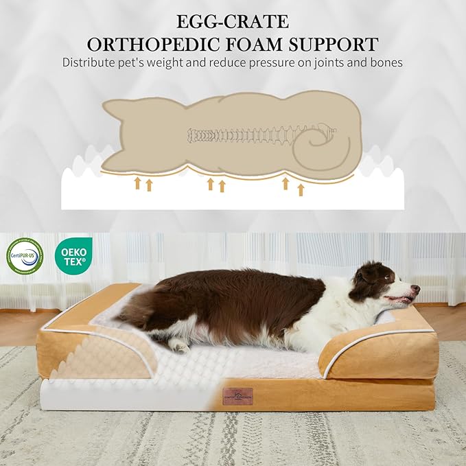 Comfort Expression Orthopedic Dog Bed for Large Dogs 38x25 Inch, Waterproof Supportive Egg Crate Foam Large Pet Bed with Removable Bolsters, Dog Couch with Washable Cover & Non-Slip Bottom, Caramel