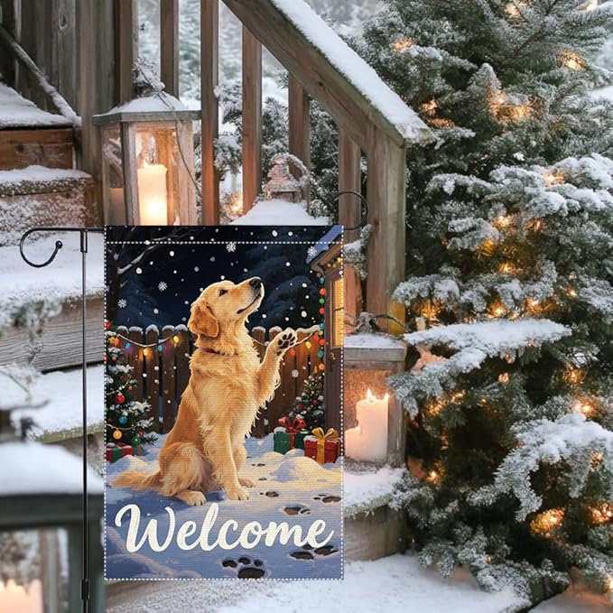 Golden Retriever Welcome Garden Flag 12x18 Inch Double Sided Christmas Winter Burlap Outdoor Yard Decoration Holiday Dog Banner for Porch Patio Lawn