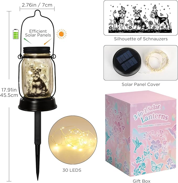 kyoryuger Schnauzer Gifts for Women/Men Schnauzer Solar Lanterns Dog Mom Birthday Dog Lovers Lantern Pet Loss Pet Memorial Lights Solar Garden Decoration for Yard, Patio,Backyard,Porch Torches