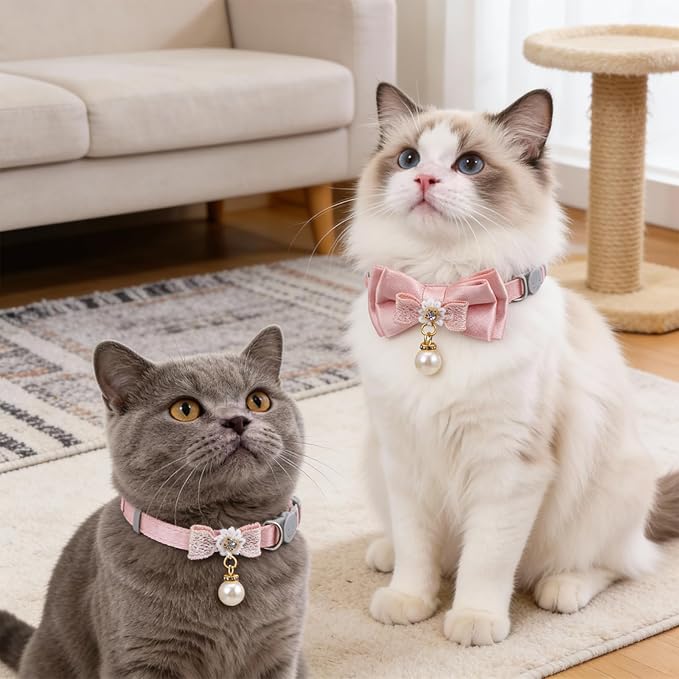 2 Pack Pink Cotton Cat Collars for Girl Cats, Cute Pearl Bow Kitten Collar Breakaway Safety Buckle Cats Pet Collars Adjustable from 7.9 to 11.8 Inches
