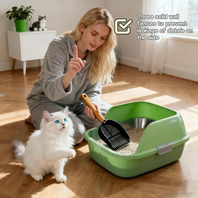 Chinshwehaw Premium Stainless Steel Cat Litter Scoop-Triple Guard Walls&Non-Stick Design,Silver,Flat Shovel Head Design Solid Deep Edge Wood Handle,Dual Hooks 1Pack,6.1x5.3inch (Black Long Strip)