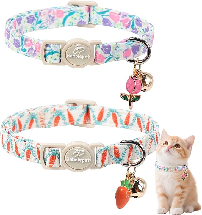 2 Pack Cute Cat Collars - Playful Carrot & Floral Printe Soft Breakaway Cat Collar with Bell & Matching Pendant, Adjustable Spring Summer Kitten Collars for Boy Girl Cats