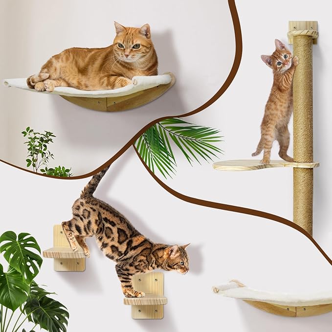 Wall Mount Cat Wall Shelves – Hammock, Scratching Post with Landing, Two Jumping Steps – Cat Furniture and Shelves up to 30 lbs, Set of 4