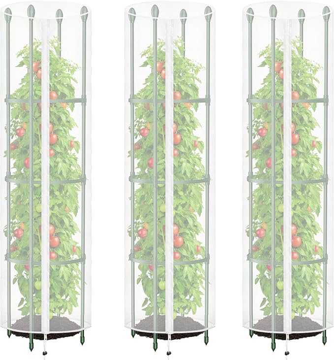 3 Pcs Round Tomato Cage Bird Netting Plant Cover, 59" x 15.7" Insect Bird Barrier Tomato Cage Protection Cover with Zipper & Drawstring for Protecting Tomatoes, Fruit, Trellis Plants