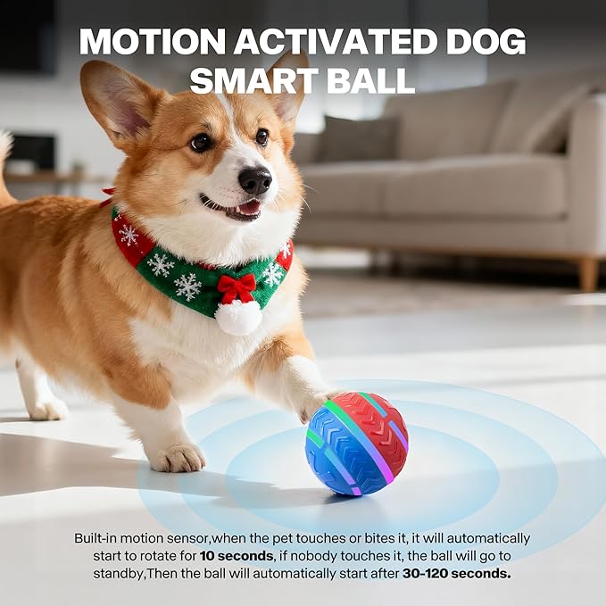 Pet Prime Interactive Dog Ball Toy Automatic Active Rolling Ball for Dogs Motion Activated with LED Light Rechargeable Self Moving Toy for Small Medium Large Dogs to Play Red/Blue