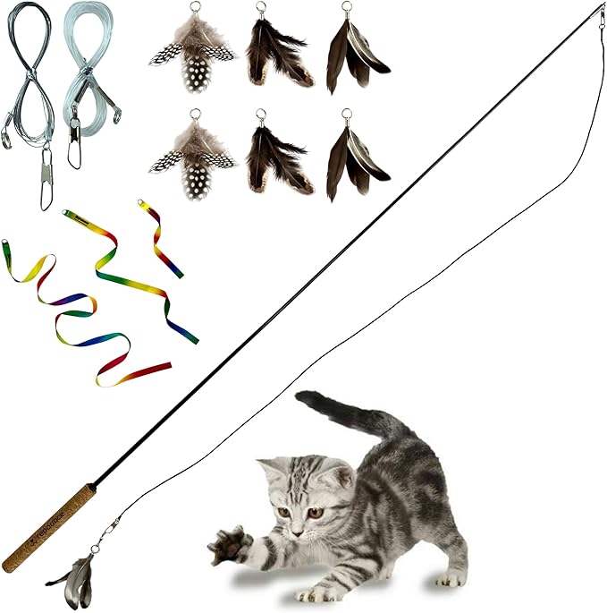 Forever Stick Cat Toys Pack Bundle - The Unbreakable Cat Wand Toy with Extra Cat Wand Strings, Rainbow Ribbons and 6 Feather Toys, Refill Toys Bundle Pack, Replacement Lures Attachment Toys