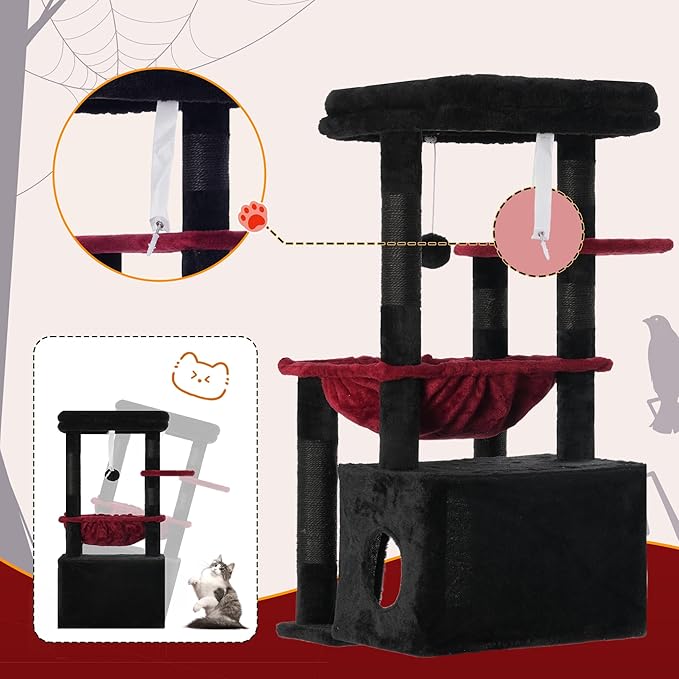 Heybly Cat Tree, Kitten Tower with Large Soft Cat Basket, Cat Condo with Spacious Cat Bed Cave with Hidden Space, Sisal-Covered Scratching Posts, Dangling Ball for Indoor Cats, Black and Red HCT008SBR