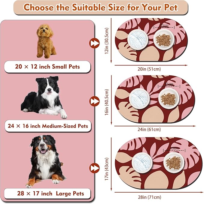 Pet Feeding Mat – 20''x12'' Absorbent Dog Food Mat, Pet Water Mats Protect Floor, No Stains Quick Dry Water Bowl Mats, Non-Slip Rubber Base Pets Placemats for Food and Water, Red Leaves