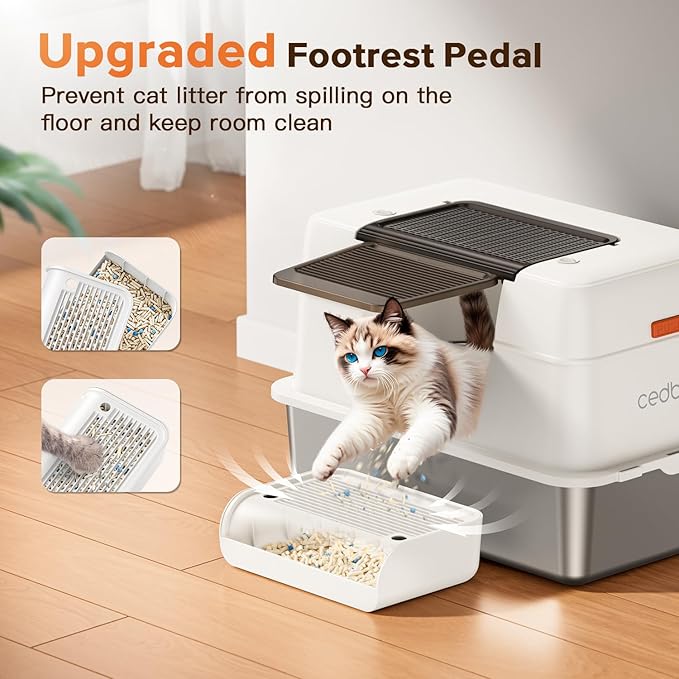 Stainless Steel Cat Litter Box with Lid,Large Enclosed High Side Metal Cat Litter Box with Pedals Suitable for Big Cats,Non-Sticky,Odor-Free,Easy to Clean ，Anti-Leakage(Silver)
