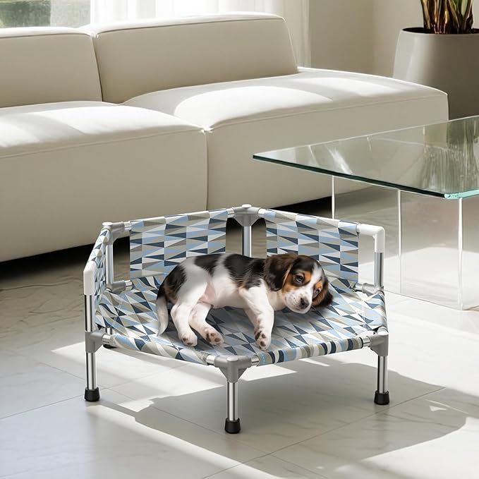 Elevated Dog Bed with Guardrail, Cooling Outdoor Pet Cot with 3-Sided Fence，Raised Dog Cot with 6-Metal Frame (Small)