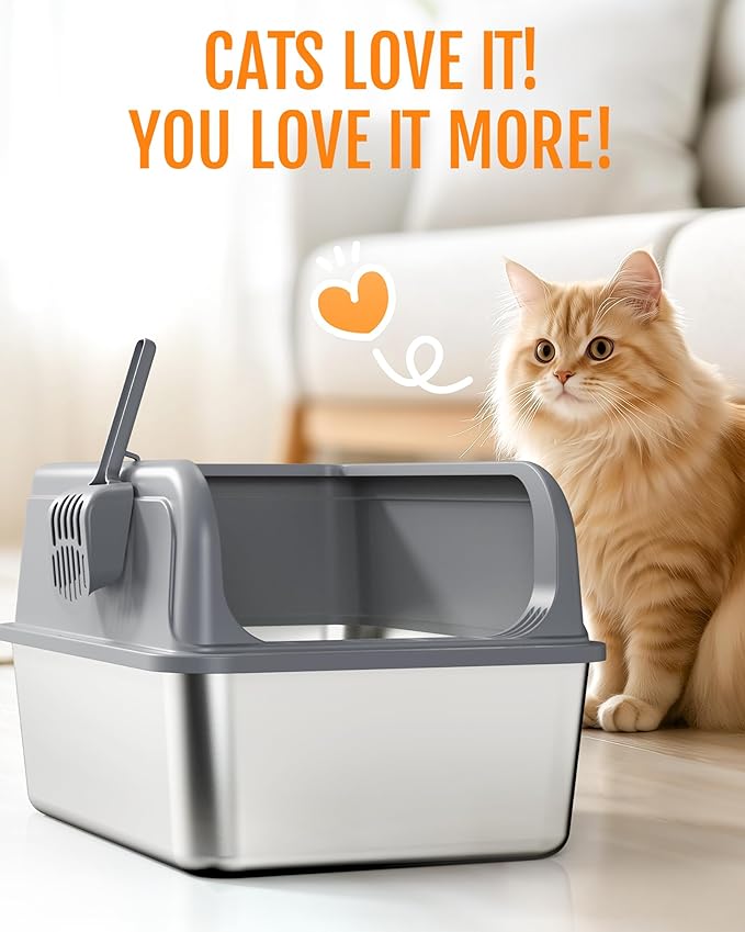 Stainless Steel Cat Litter Box, Metal Litter Box with Scoop, High- Sided, Anti-Leakage Top Entry, Non-Sticky, Easy to Clean, 8-Inch Splash-Proof Deep Pan, Grey, XXL (1 Pack)
