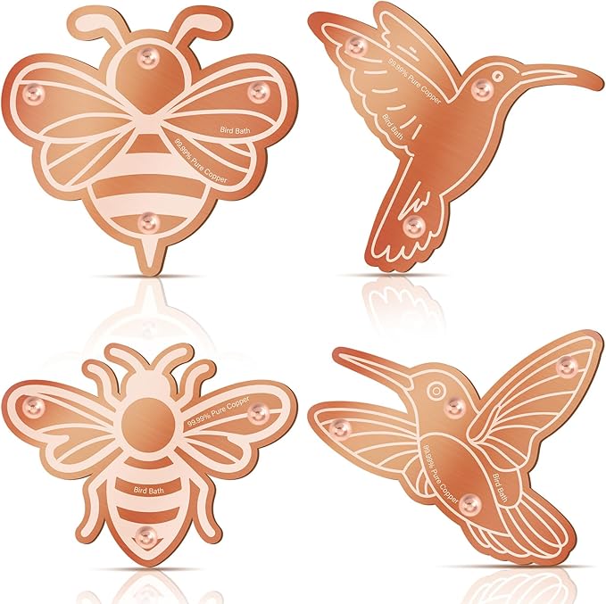 4 Pack Bird Bath Copper Disk Bird Bath Purification Disk with Triple-Point Support 99.99% Pure Copper Water Cleaner for Outside Bowl, Physical Safe Clean Water(Bee)