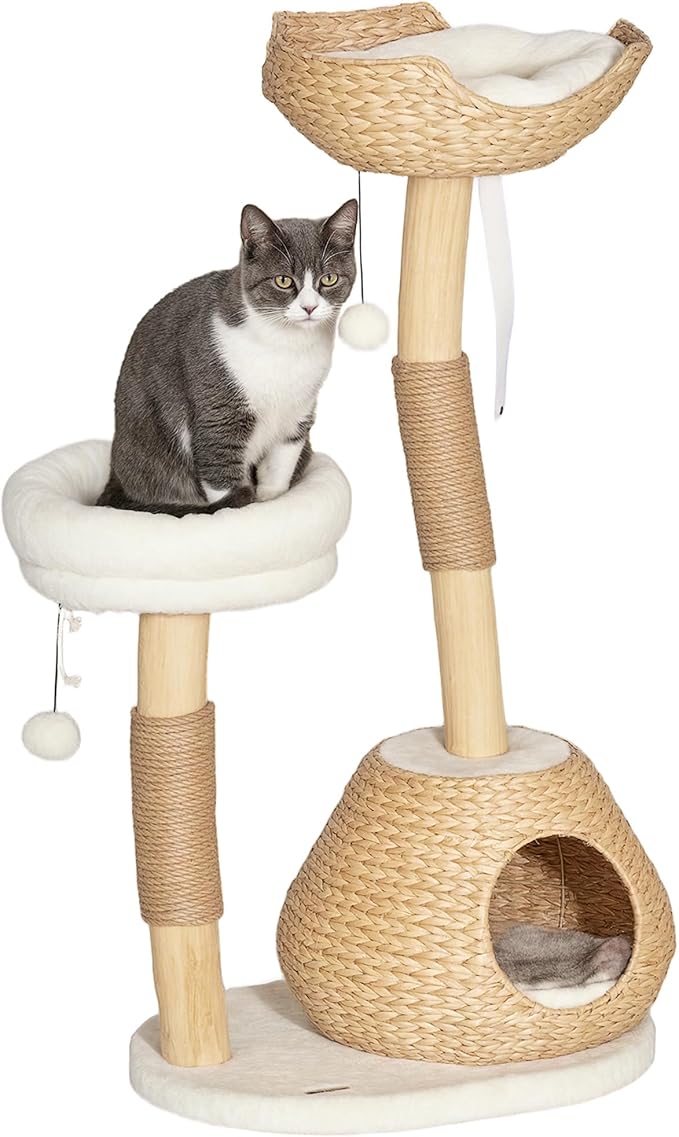 PawHut Cat Tree for Indoor Cats, 41" Wooden Kitten Tower with 2 Real Branch Scratching Posts, Luxury Condo, Beds & Toby Balls, Kitten Activity Center & Cat Furniture, Cream White