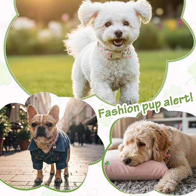 St. Patrick's Day Dog Collar,Pink Bow with Green Clover Puppy Collar,Adjustable Spring Cotton Collars Gifts for Small Medium Large Dogs,Dog Accessories S