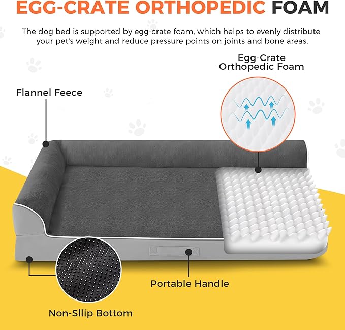 Dog Bed Large Sized Dogs, XXL Orthopedic Dog Bed for Large Dogs, Waterproof Pet Bed with Washable Removable Cover, L-Shaped Pet Couch with Portable Handle 48"x35"x7.5", Grey Flannel