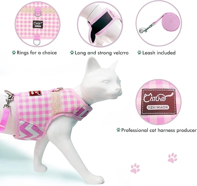 Cat Harness and Leash for Walking Escape Proof, Adjustable Cat Vest Harness, Padded Stylish Cat Walking Jackets, Pink Plaid, Extra Large