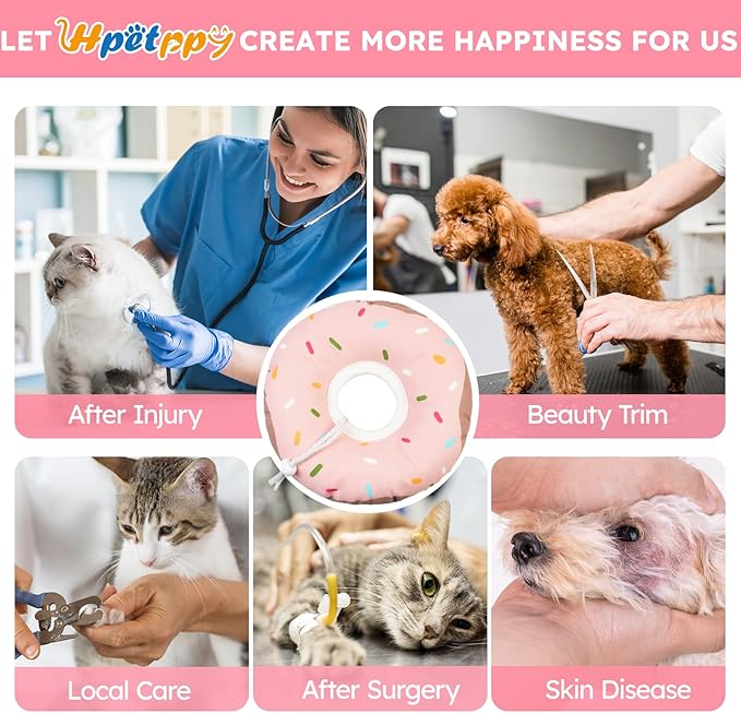 Cat Cone Collar Soft, Waterproof Cat Recovery Collars Spay Cones to Stop Licking Cute Donut E Collar After Surgery Anti-Lick Wound Healing Safety Elizabethan Collar for Kittens (Donut Pink, Medium)