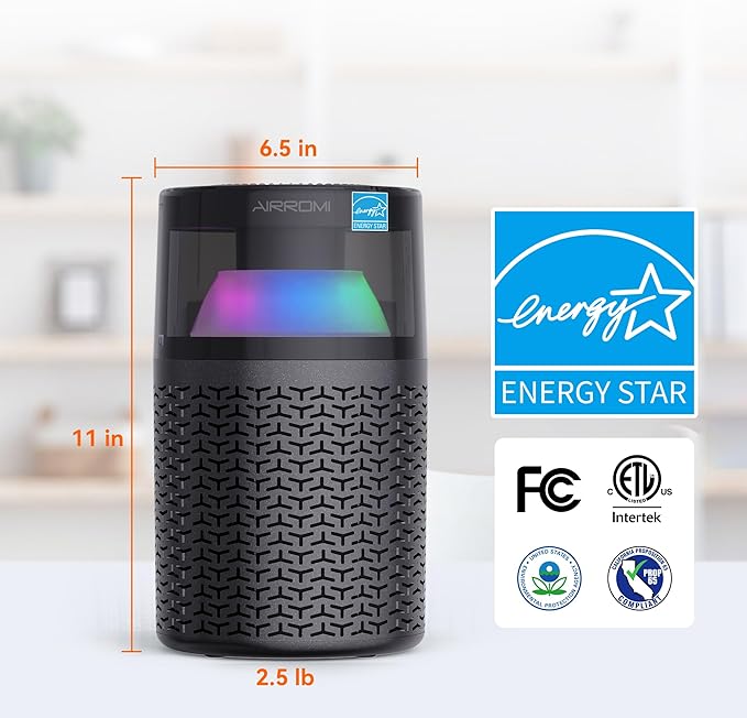 AIRROMI Pet Air Purifier for Home & Bedroom, HEPA Activated Carbon Filter, Removes Pet Dander & Odor, Allergies, Smoke, Hair, Night Light, Fragrance Sponge, Up to 658 ft², A2002 Grey