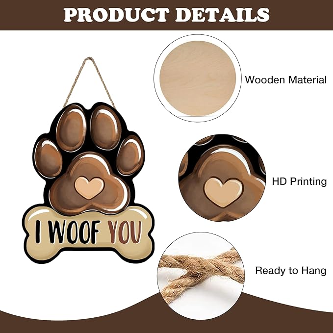 Dog Paw Prints Front Door Sign, I Woof You Bone Wood Hanger Outdoor Outside Porch Home Decor, Wooden Wreath Indoor Wall Hanging Decoration Pet Owner Lover Gift