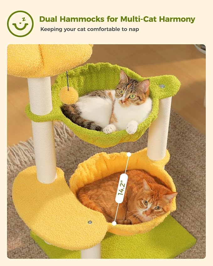 Flower Cat Tree with 2 Large Hammocks, 37.4" Small Cat Tower for Indoor Kitty with 6 Scratching Posts, Cute Cat Tree with Flower Top Perch, Yellow