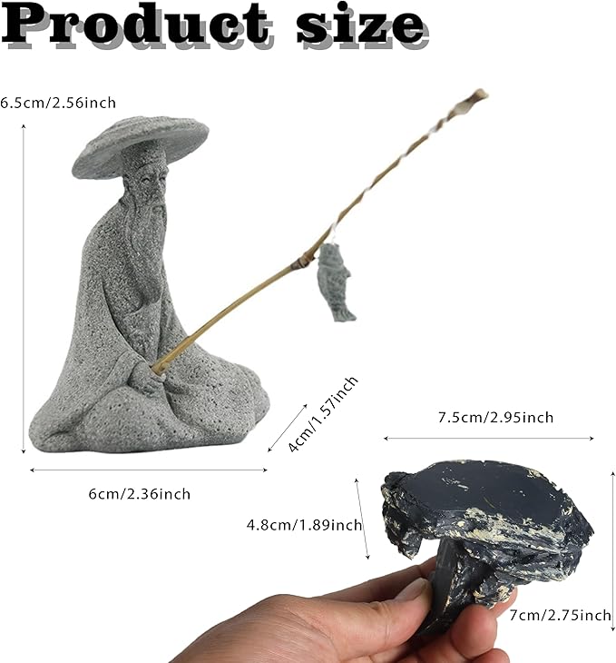 LIYAOLI Japanese Zen Fisherman Statue - Sandstone Mini Figurine for Aquarium Decor, Fish Tank Decorations, Zen Garden & Home Ornament - Asian Sitting Fishing Sculpture