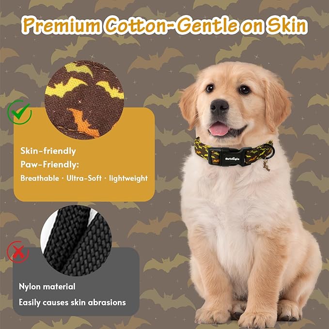 Fall Dog Collar, Halloween Dog Collars for Extra Small Dogs, Cotton Puppy Collar with Bat Pattern, Pet Collar for Small Medium Large Dogs, Girl Boy Dogs Collar with Quick Release Buckle-XS