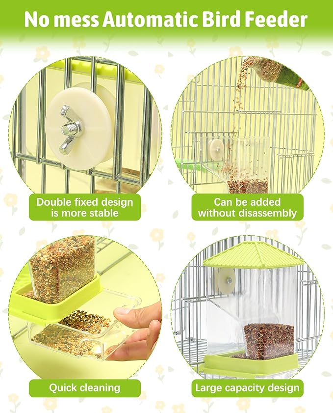 Hamiledyi Automatic Bird Feeder 2 Pcs No Mess Bird Cage Feeder Seed Food Container with Perch Transparent Parrot Cage Accessories for Parakeets, Budgies, Cockatoos, Finches, Lovebirds (White)