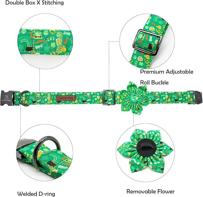 Lionheart glory St. Patrick's Day Dog Collar with Flower Dog Collars for X-Small Dogs, Heavy Duty Green Collars Bows Lucky Clover Shamrock Pet Collar Flower Puppy