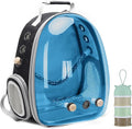 Bird Traval Carrier Cage, Polarized Tinted Blue Space Capsule Astronaut Backpack to Carry Parakeet Cockatiel Parrot with Bird Feeder Metal Tray Wood Perch, Vet Transport Bag