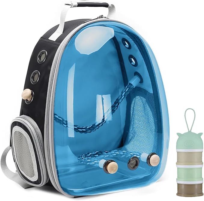 Bird Traval Carrier Cage, Polarized Tinted Blue Space Capsule Astronaut Backpack to Carry Parakeet Cockatiel Parrot with Bird Feeder Metal Tray Wood Perch, Vet Transport Bag