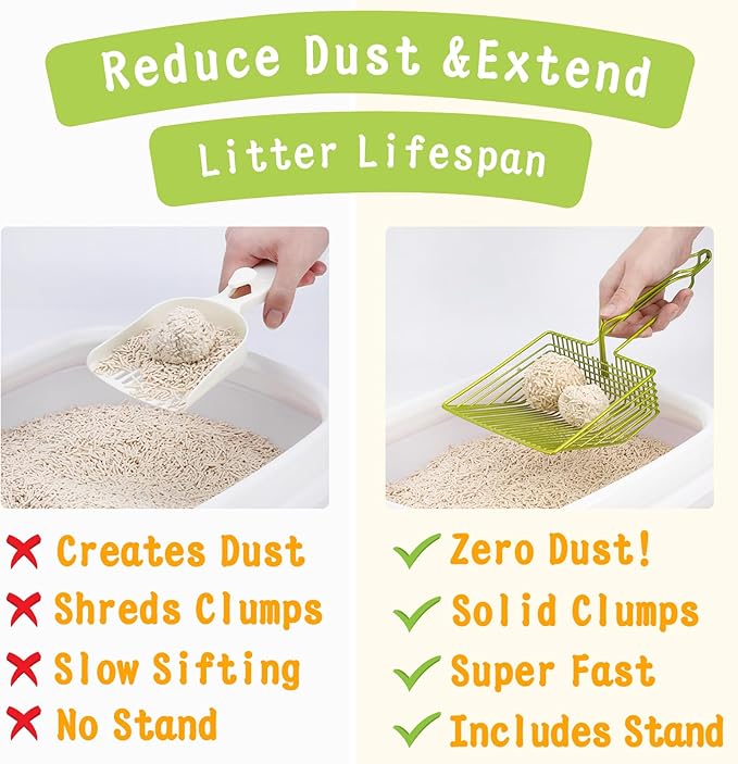 DHXYZZB Metal Cat Litter Scoop - Heavy Duty Litter Scooper & Speed Sifter with Comfortable Wood Grip - Washable Convenient Stand for Easy and Efficient Cleaning