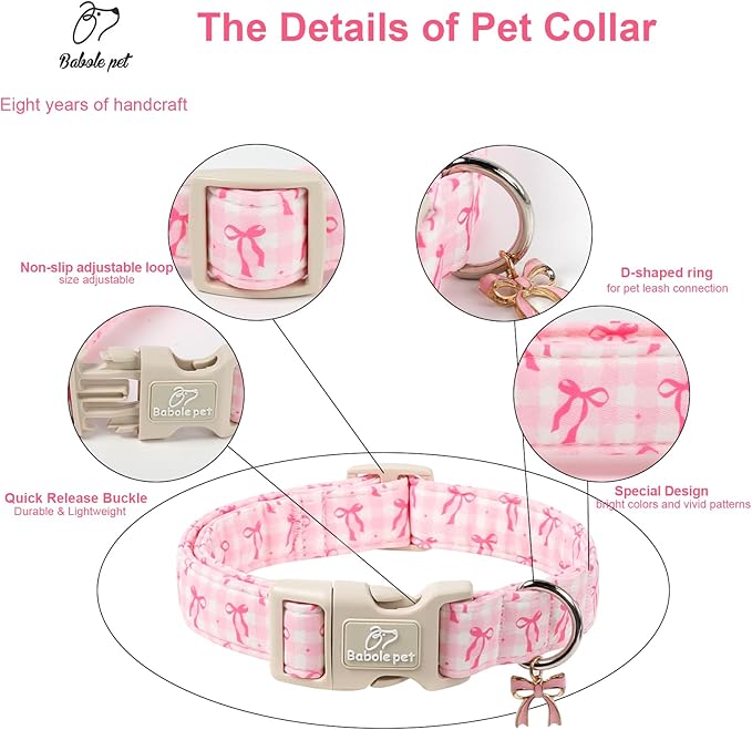 Girl Dog Collar for Large Dogs - Cute Pink Plaid & Bow Print Spring/Summer Puppy Collar, Soft Adjustable Holiday Female Dog Collars with Quick Release Buckle L
